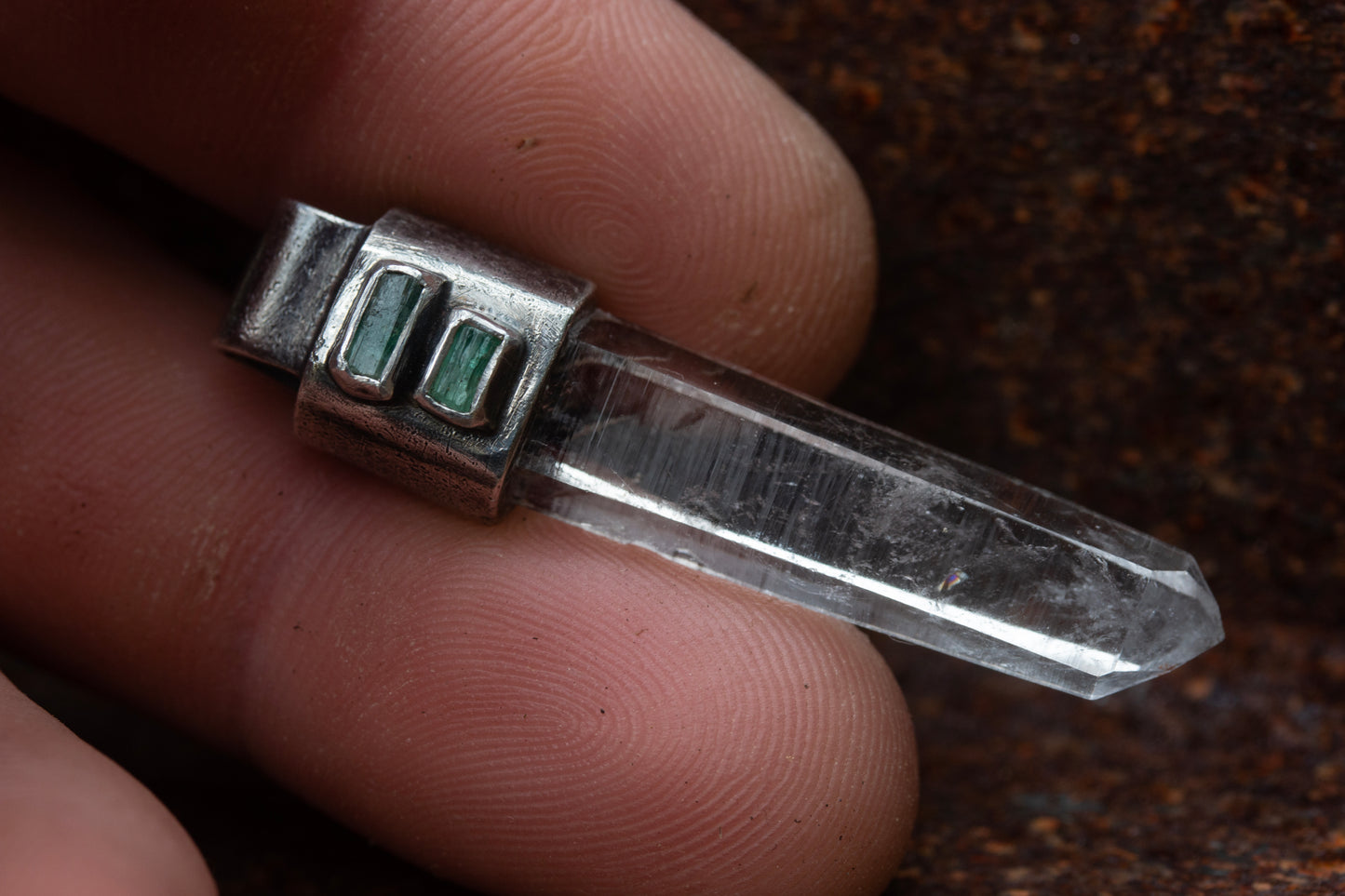 Australian clear quartz emerald sterling silver pendant